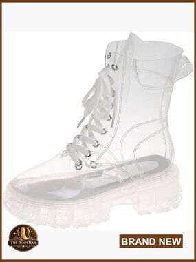 Transparent PVC Platform Combat Ankle Boots Waterproof Lace Up Shoes